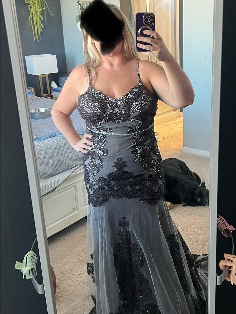 Galina signature 16w Embellished Black Lace Evening Gown